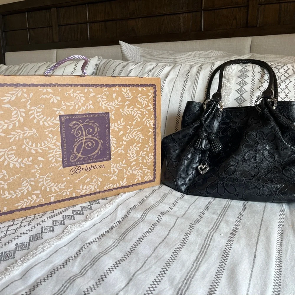 Brighton Black Embossed Floral Leather Shoulder Bag with Tassel - Picture 2 of 10